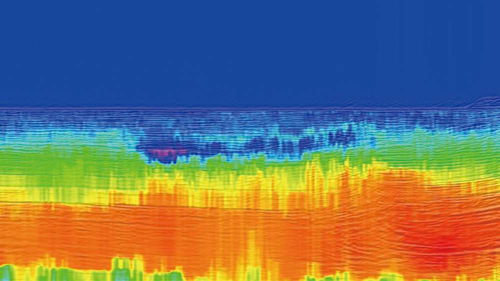 El depósito se puede ver en este mapa de velocidad sísmica bidimensional, que abarca una profundidad de aproximadamente 3.5 kilómetros (2.1 millas) debajo del nivel del mar y una distancia de aproximadamente 6.5 kilómetros (4 millas), como un área azul oscuro de baja velocidad dentro de áreas verdes de mayor velocidad