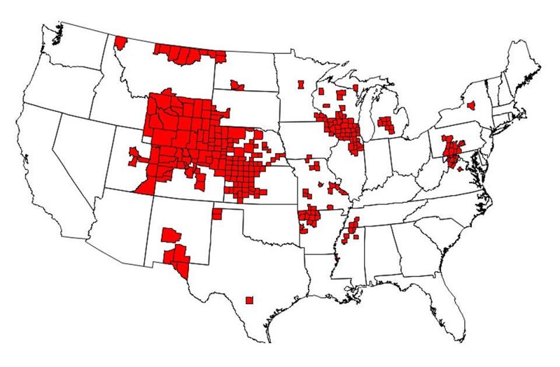 En agosto de 2019, había 277 condados en 24 estados con CWD reportada en cérvidos libres